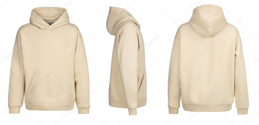 Blank beige hoodie template. Hoodie sweatshirt long sleeve with clipping path, hoody for design mockup for print, isolated on white background.