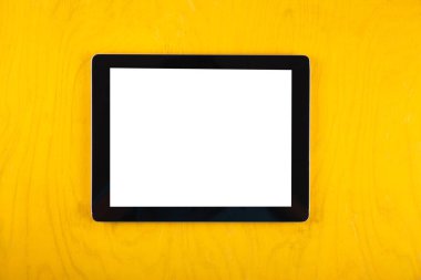 Bilgisayar tablet el ile. Üstten görünüm. Metin için yer