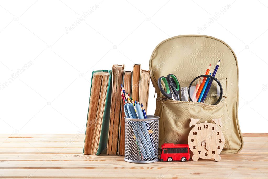 School briefcase with office supplies. Back to school concept
