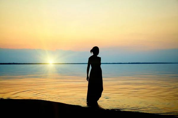 Woman Beach Sunset Sea Nature Background — Stock Photo, Image