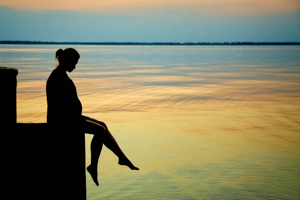 Pregnant Woman Beach Outdoor Nature Background Love Concept — Stock Photo, Image