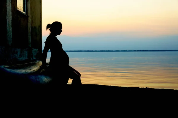 Těhotná Žena Pláži Venkovní Přírodní Pozadí Láska Koncept — Stock fotografie
