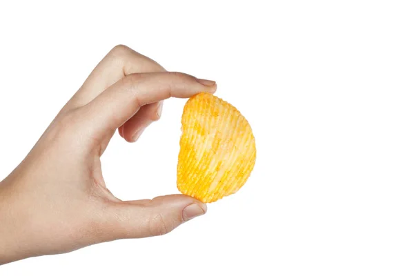 Hand Hält Kartoffelchips Isoliert Auf Weißem Hintergrund — Stockfoto