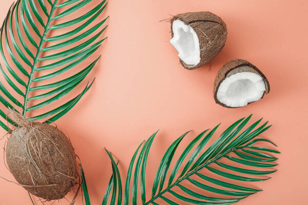 Fresh coconut on coral background