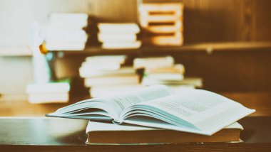 Eğitim kavramı. Masadaki kitap yığını.