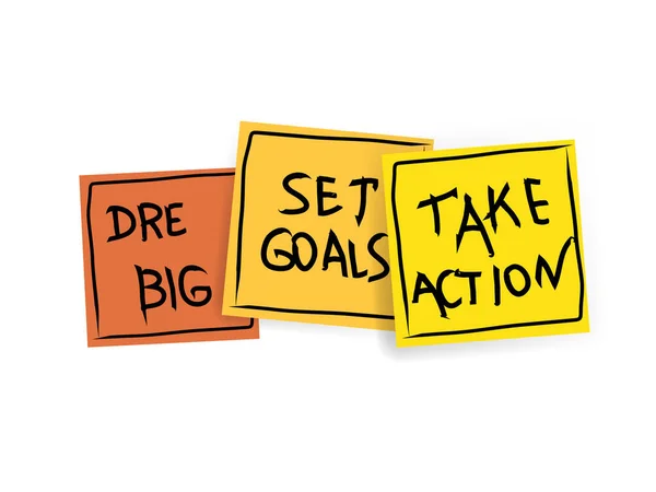 夢の大きな 設定された目標 アクションコンセプトを取る モチベーションのアドバイスや白に隔離されたカラフルな付箋に思い出させる — ストックベクタ