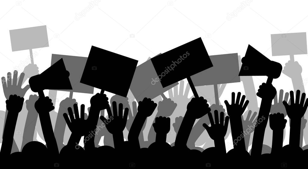 Political protest with silhouette protesters hands holding megaphone, banners and flags. Strike, revolution, conflict vector background.