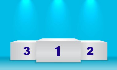 Sahne ışıklarıyla beyaz kazananlar podyumu. Yaya taşı. Vektör illüstrasyonu.