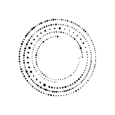 Rastgele noktalanmış yarım tonlu benekler, beyaza konsantre daire çizer. Vektör illüstrasyonu