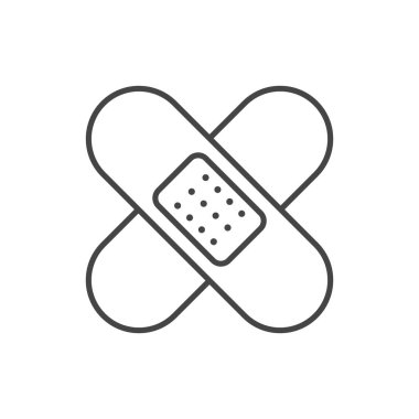 Tıbbi alçı ince çizgi ikonu. Yapıştırıcı bant ve bandaj sembolü, beyaz arkaplanda taslak biçiminde pictogram.