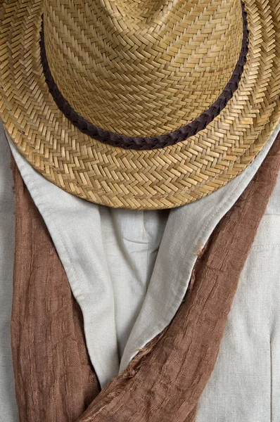 Sombrero Paja Bufanda Marrón Abrigo Lino Clásico Tema Elegante Atuendo — Foto de Stock