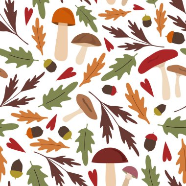 Sonbahar sonbahar vektörü pürüzsüz desen. Düşen yapraklar, mantarlar, meşe palamutları. İzole vektör tasarım elementleri. Duvar kağıdı, ambalaj, kumaş, tekstil, albüm için mevsimlik arka plan. Düz çizgi film tasarımı.