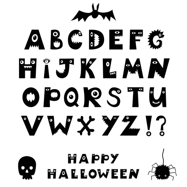 ハッピーハロウィン怖いアルファベット 不気味なフォント 歯と目を持つ文字 休日のポスター バナーの手書きのスクリプト 手書き文字 白で単離されたベクタータイポグラフィ バット — ストックベクタ