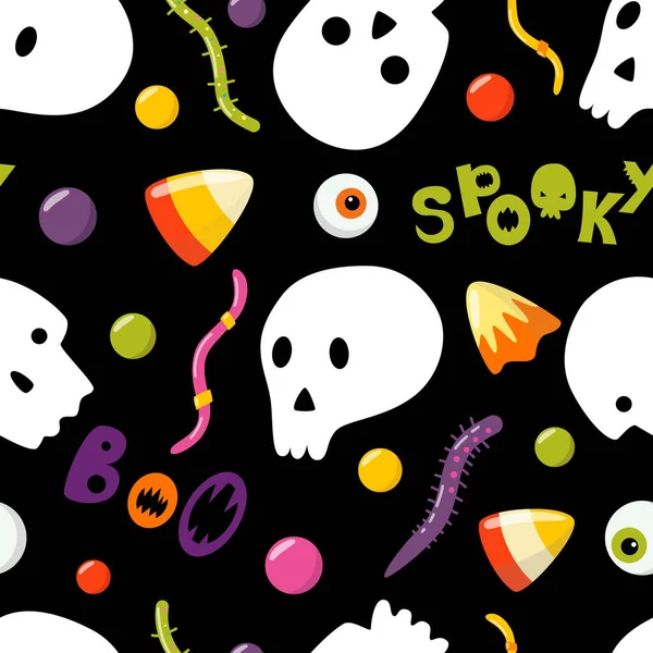 Halloween Sem Costura Padrão Com Crânios Doces Doces Doces Olhos — Vetor de Stock