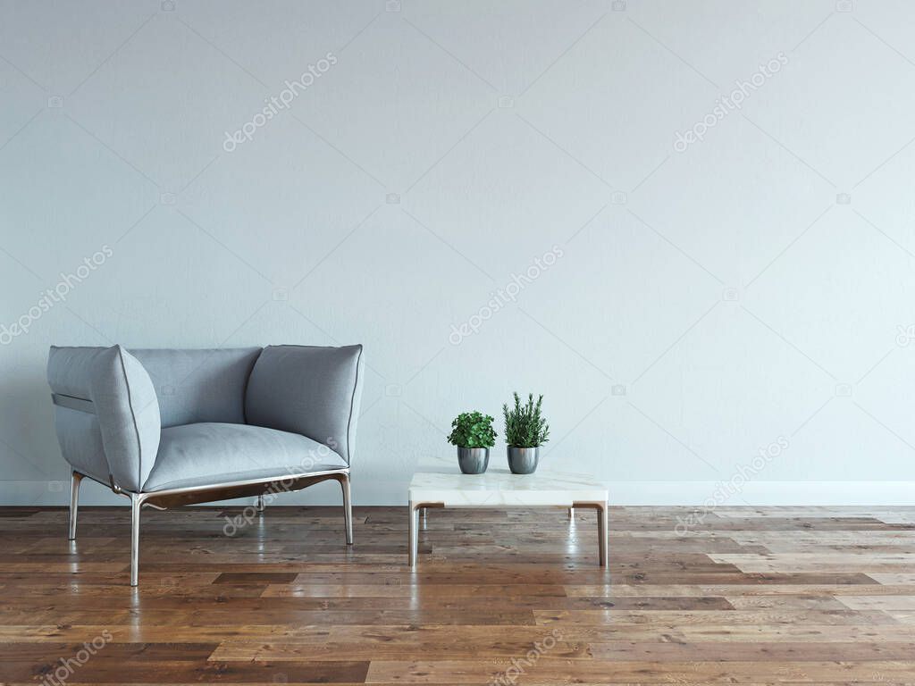 interior design of living room with marble coffee table, lamp and gray armchair. 3D illustration