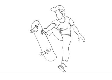 Bir sürekli tek çizilmiş çizgiyi, adam patenci, karakter paten kaykay üzerinde