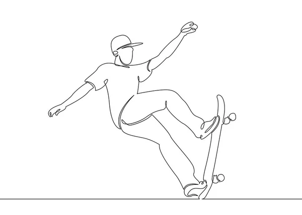 Una linea disegnata singola continua, il pattinatore di tipo, i pattini di carattere su uno skateboard — Vettoriale Stock