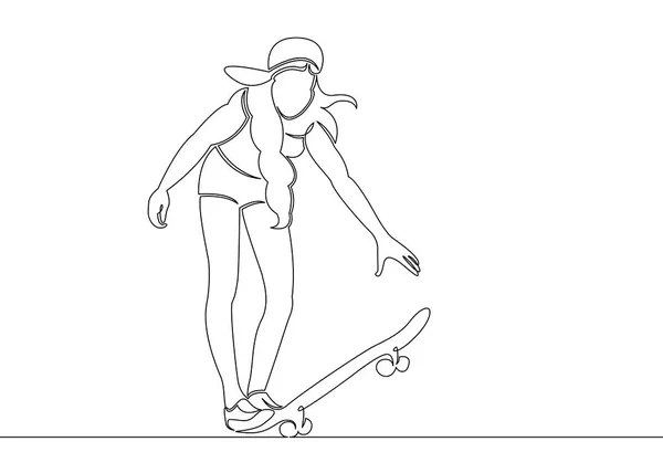 Jeden ciągły pojedynczy narysowanej linii, girl skater — Wektor stockowy
