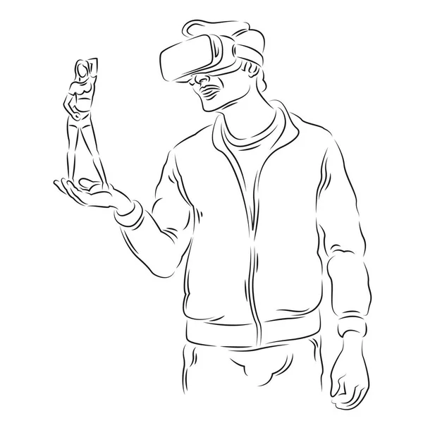 Homme dans le casque de VR tient une fille dans la paume de sa main — Image vectorielle