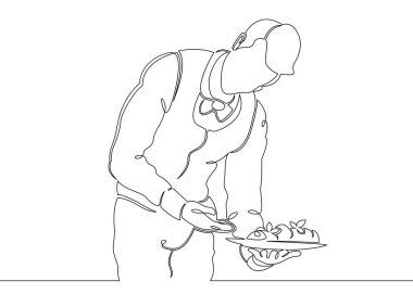 Bir sürekli kapatılmamış tek satır bir sipariş tepsisi ile garson tarafından çizilmiş