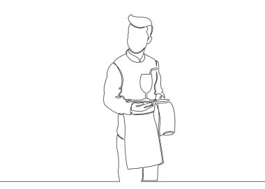 Bir sürekli kapatılmamış tek satır bir sipariş tepsisi ile garson tarafından çizilmiş