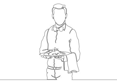 Bir sürekli kapatılmamış tek satır bir sipariş tepsisi ile garson tarafından çizilmiş