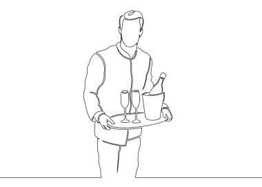 Bir sürekli kapatılmamış tek satır bir sipariş tepsisi ile garson tarafından çizilmiş