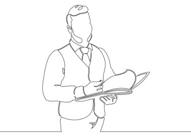 Bir sürekli kapatılmamış tek satır bir sipariş tepsisi ile garson tarafından çizilmiş