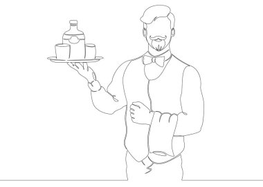 Bir sürekli kapatılmamış tek satır bir sipariş tepsisi ile garson tarafından çizilmiş