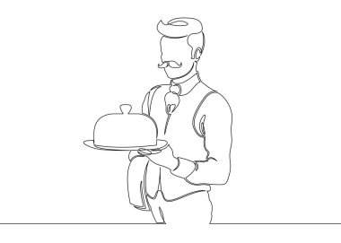 Bir sürekli kapatılmamış tek satır bir sipariş tepsisi ile garson tarafından çizilmiş