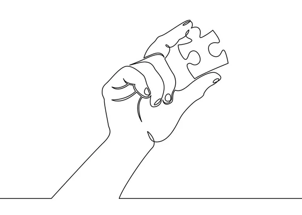 Jeden kontinuální nakreslené jednou rukou dlaní ruky hospodářství puzzle. — Stockový vektor