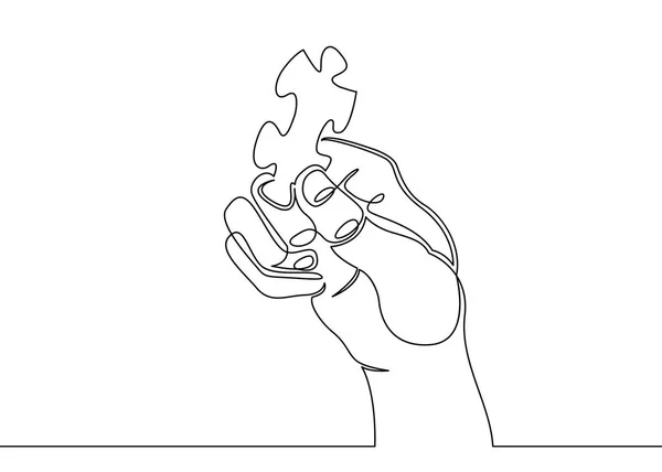 Un continuo disegnato mano singola mano palmo tenendo puzzle . — Vettoriale Stock