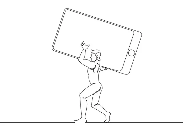Um homem de linha única desenhada contínua carrega um grande telefone celular —  Vetores de Stock
