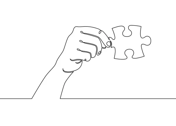 Un continuo disegnato mano singola mano palmo tenendo puzzle . — Vettoriale Stock