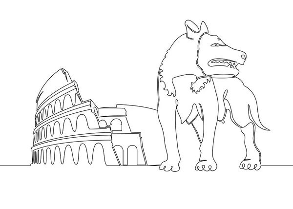 Símbolo continuo de lobo animal de una sola línea dibujada de la ciudad de Roma Coliseo — Vector de stock