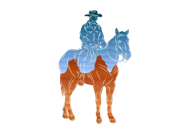 Colorido isolado desenhado linhas únicas de América Monument Valley cowboy — Vetor de Stock