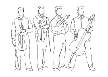 Continuous one single line drawn musical quartet violin musicians clipart