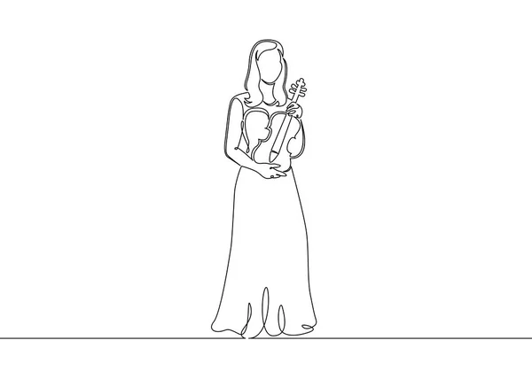 Uma linha única contínua de um músico é tocada por uma mulher violinista — Vetor de Stock
