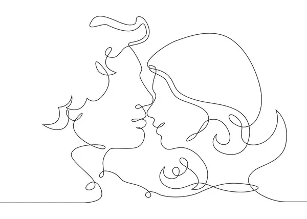 Contínua uma única linha desenhada de beijo romântico — Vetor de Stock