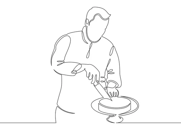 Continuous line drawing single line chef cooking — Stock Vector