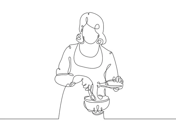 Bir sürekli tek çizilmiş çizgiyi doodle aşçı kadın — Stok Vektör