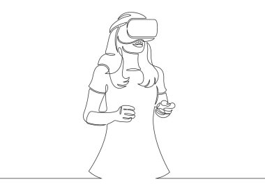 Bir sürekli tek çizilmiş çizgiyi sanat bir kask sanal gerçeklik kız doodle
