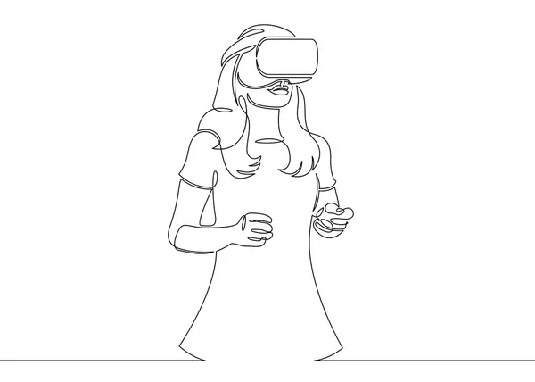 Un singolo continuo disegnato linea art doodle ragazza in un casco realtà virtuale — Vettoriale Stock