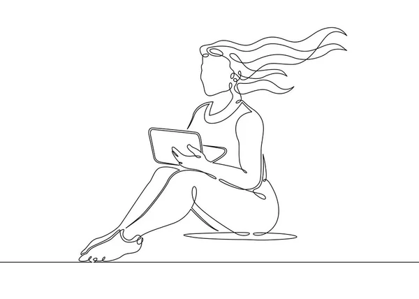 Een doorlopende streep getrokken kunst doodle meisje laptop — Stockvector