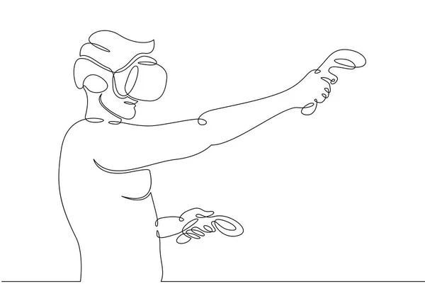 Une ligne dessinée unique continue art doodle homme casque VR — Image vectorielle