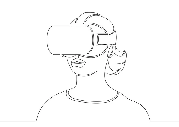 Una línea dibujada única chica garabato arte continuo en un casco de realidad virtual — Archivo Imágenes Vectoriales