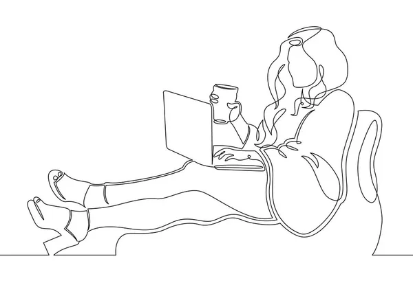 Een doorlopende streep getrokken kunst doodle meisje laptop — Stockvector