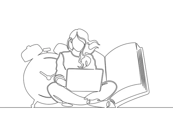 Uma linha contínua única desenhada arte doodle menina trabalhando no laptop — Vetor de Stock