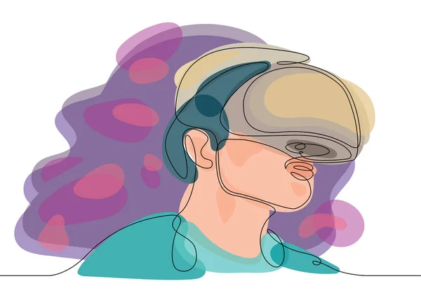 Terus menerus satu baris menggambar Manusia dalam kacamata perangkat realitas maya - Stok Vektor