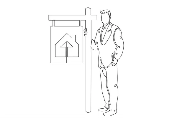 房地产经纪人站在一个海报的招牌出售山寨房子 — 图库矢量图片